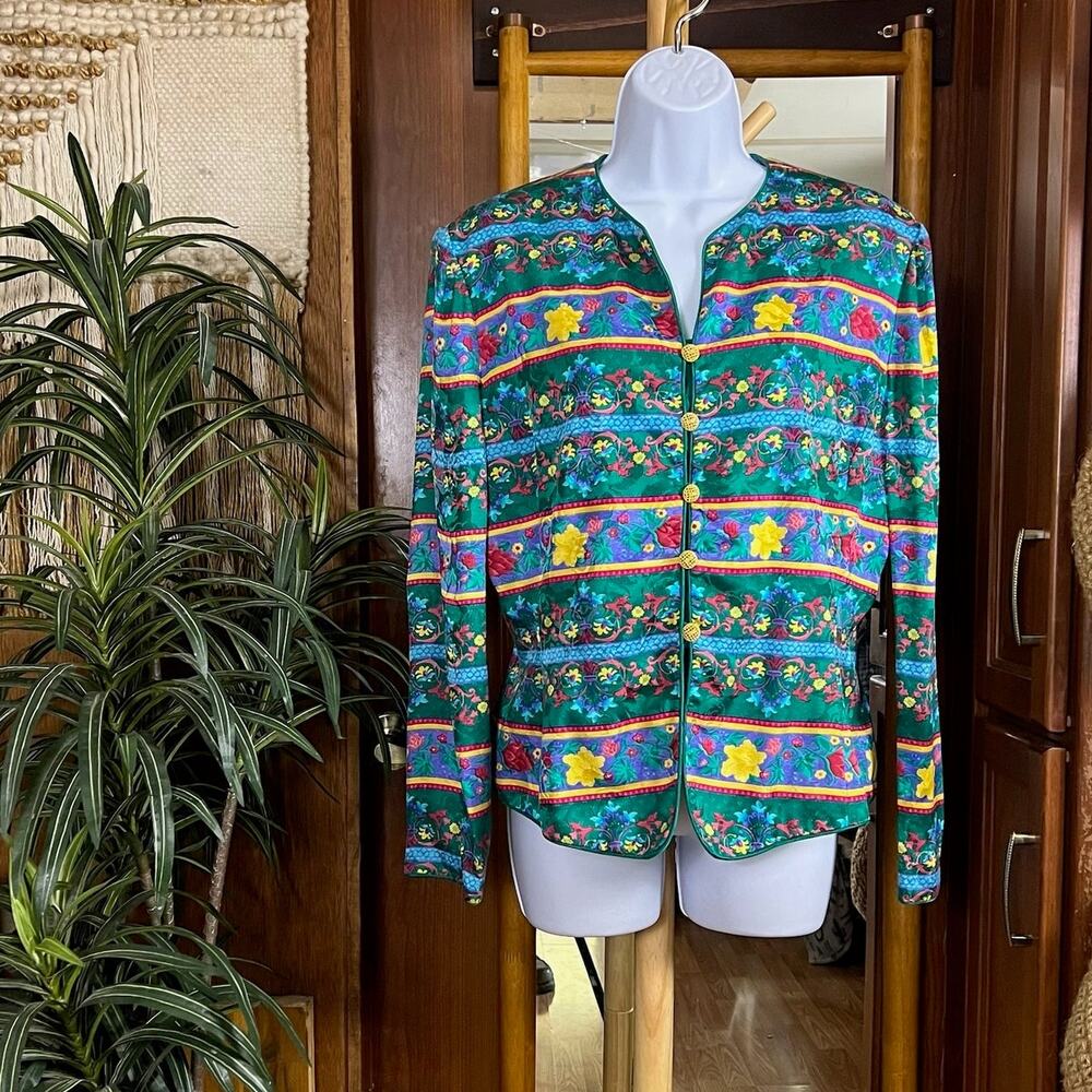 Vintage Adrianna Papell 100% Silk Floral Stripe Jacket 90s Green Gold Buttons 10